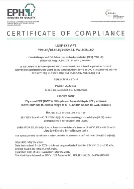 Certificate of Conformity for Formaldehyde Emission — Palati