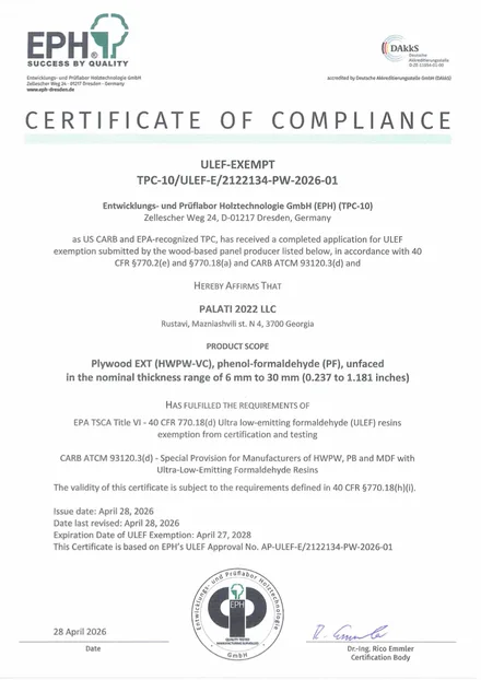 TSCA Title VI & CARB — ULEF exemption certificate — Palati 2022 LLC